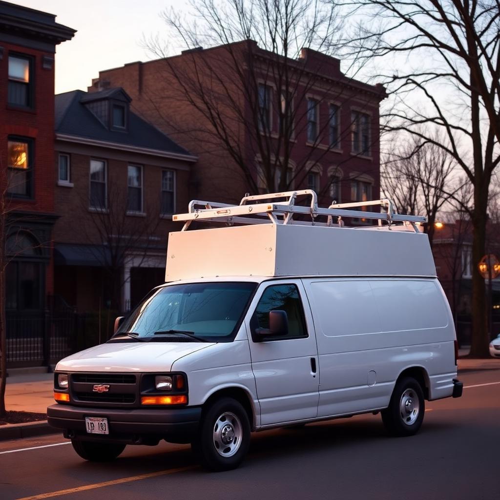 "Demo" Plumbing service van on a Chicago residential street